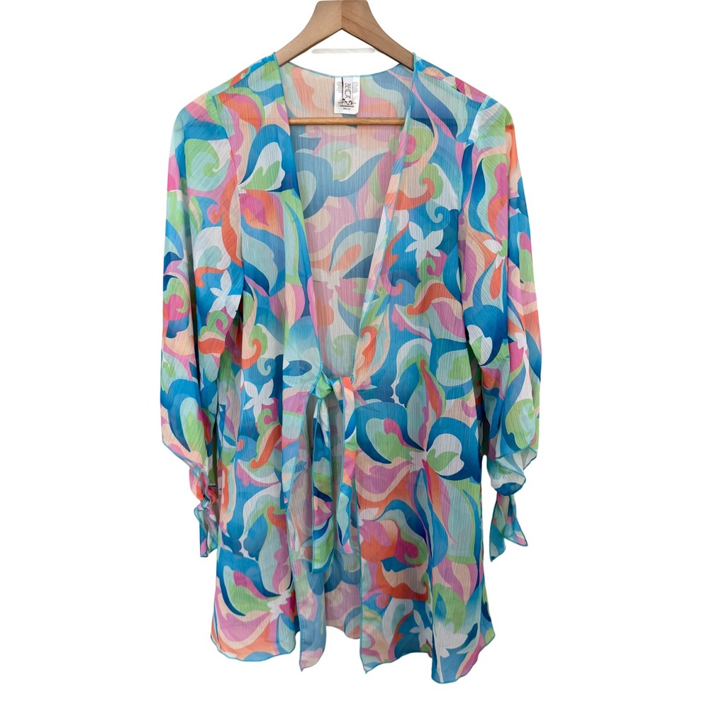 BECCA Swimsuit Cover Up M/L Multicolor Psychedelic Swirl Tie Front Chiffon